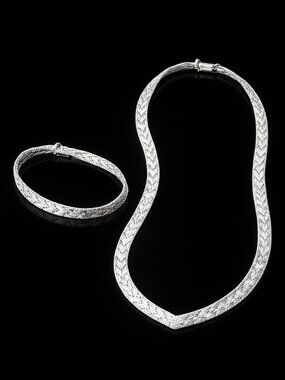 925 Italy Sterling Silver V shaped herringbone Necklace & Bracelet Matching Set